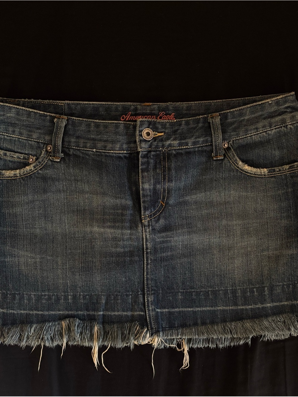 American Eagle Outfitters Dark Blue Denim Frayed-Hem Mini Skirt